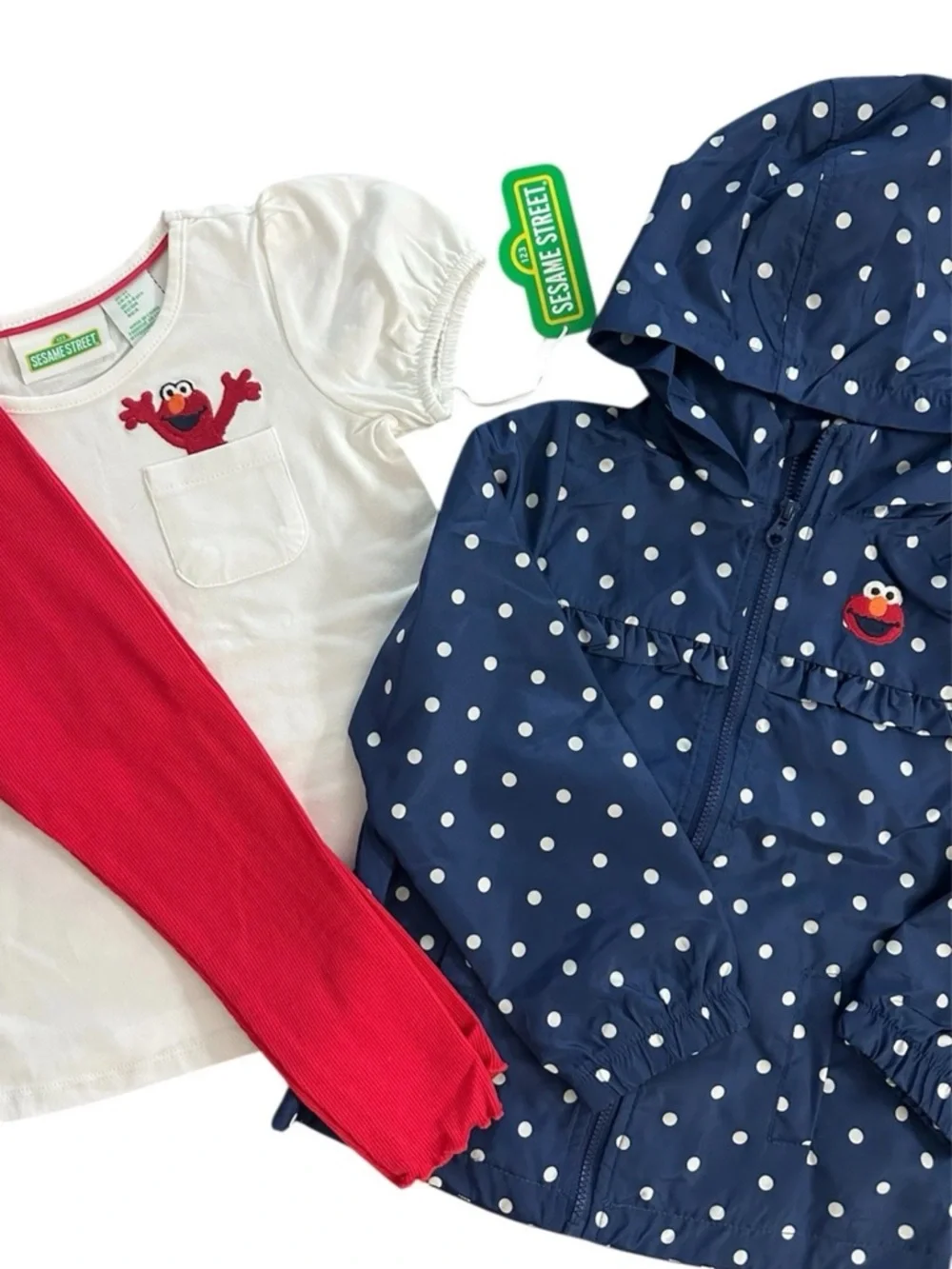 Elmo Polka Dot Hooded Jacket + Elmo Pocket Tee & Red Leggings Set Girls 4T NWT